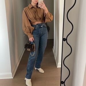 Caramel colored cropped shirt long sleeve